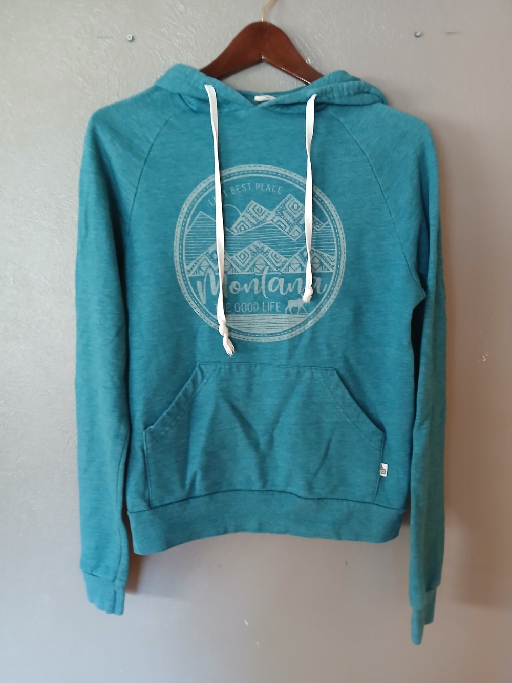 Teal Hooded Pullover Sweatshirt - Montana Graphic, Small Unisex